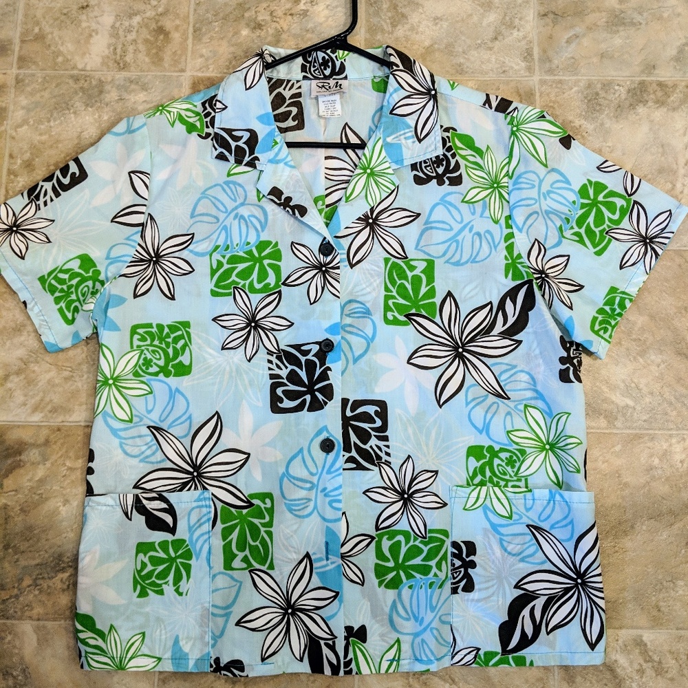 Aloha Shirt Light Blue Flower Women Large 2 pocket